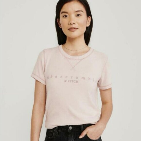 Abercrombie & Fitch Cream Short Sleeve Logo Tee Shirt Women’s Small EUC - Picture 1 of 5
